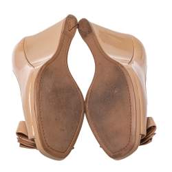 Pre Owned Prada Sport Beige Patent Leather Bow Peep Toe Wedge Pumps Size 38