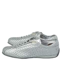 Pre Owned Prada Sport Silver Woven Leather Low Top Sneakers Size 37.5