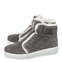 Pre Owned Prada Sport Grey Suede Fur Lined High Top Sneakers Size 37