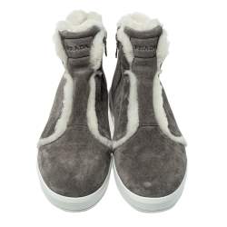 Pre Owned Prada Sport Grey Suede Fur Lined High Top Sneakers Size 37
