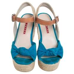 Pre Owned Prada Sport Blue Suede And Leather Cork Wedge Espadrille Platform Ankle Strap Sandals Size 35
