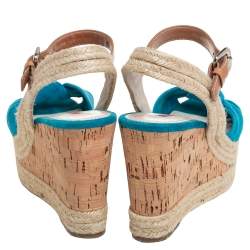 Pre Owned Prada Sport Blue Suede And Leather Cork Wedge Espadrille Platform Ankle Strap Sandals Size 35