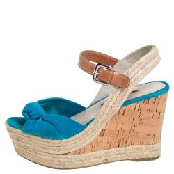 Pre Owned Prada Sport Blue Suede And Leather Cork Wedge Espadrille Platform Ankle Strap Sandals Size 35