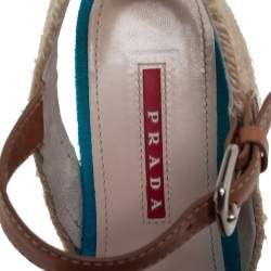 Pre Owned Prada Sport Blue Suede And Leather Cork Wedge Espadrille Platform Ankle Strap Sandals Size 35