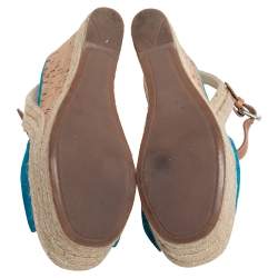 Pre Owned Prada Sport Blue Suede And Leather Cork Wedge Espadrille Platform Ankle Strap Sandals Size 35