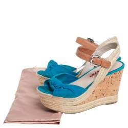 Pre Owned Prada Sport Blue Suede And Leather Cork Wedge Espadrille Platform Ankle Strap Sandals Size 35