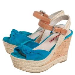 Pre Owned Prada Sport Blue Suede And Leather Cork Wedge Espadrille Platform Ankle Strap Sandals Size 35