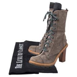Pre Owned Prada Sport Grey Suede Block Heel Lace Up Mid Calf Boots Size 37.5