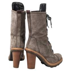 Pre Owned Prada Sport Grey Suede Block Heel Lace Up Mid Calf Boots Size 37.5