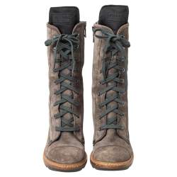 Pre Owned Prada Sport Grey Suede Block Heel Lace Up Mid Calf Boots Size 37.5