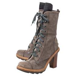 Pre Owned Prada Sport Grey Suede Block Heel Lace Up Mid Calf Boots Size 37.5