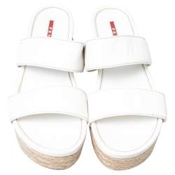 Pre Owned Prada Sport White Leather Espadrille Platform Slide Sandals Size 40