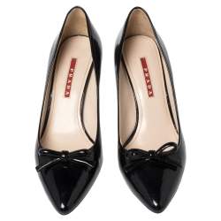 Pre Owned Prada Sport Black Patent Leather Bow Pointed Toe Pumps Size 37.5 
