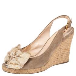 Prada Sport Beige Suede and Canvas Bow Peep Toe Espadrille Wedge Sandals Size 38.5