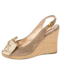 Prada Sport Beige Suede and Canvas Bow Peep Toe Espadrille Wedge Sandals Size 38.5