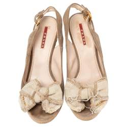 Prada Sport Beige Suede and Canvas Bow Peep Toe Espadrille Wedge Sandals Size 38.5