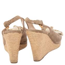 Prada Sport Beige Suede and Canvas Bow Peep Toe Espadrille Wedge Sandals Size 38.5