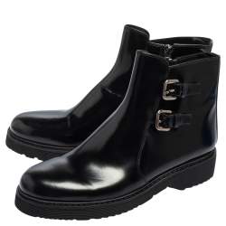 Pre Owned Prada Sport Black Glossy Leather Ankle Length Boots Size 40