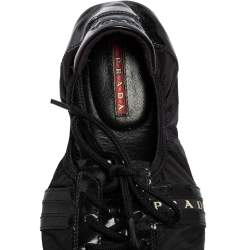 Pre Owned Prada Sport Black Patent Leather and Nylon Scrunch Lace Up Ballet Flats Size 37