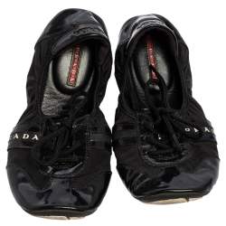 Pre Owned Prada Sport Black Patent Leather and Nylon Scrunch Lace Up Ballet Flats Size 37
