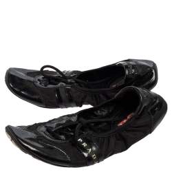 Pre Owned Prada Sport Black Patent Leather and Nylon Scrunch Lace Up Ballet Flats Size 37