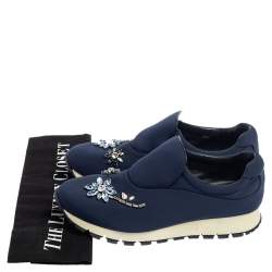 Pre Owned Prada Blue Nylon Catch Me If You Can Crystal Embellished Slip On Sneakers Size 36.5