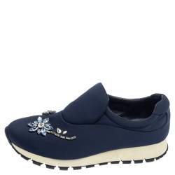 Pre Owned Prada Blue Nylon Catch Me If You Can Crystal Embellished Slip On Sneakers Size 36.5