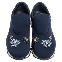 Pre Owned Prada Blue Nylon Catch Me If You Can Crystal Embellished Slip On Sneakers Size 36.5