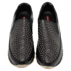 Pre Owned Prada Sport Black Leather Embellished Slip On Sneakers Size 41