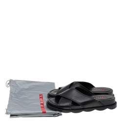 Pre Owned Prada Sport Black Leather Criss Cross Flat Slides Size 38