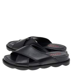 Pre Owned Prada Sport Black Leather Criss Cross Flat Slides Size 38