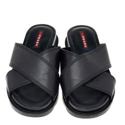Pre Owned Prada Sport Black Leather Criss Cross Flat Slides Size 38