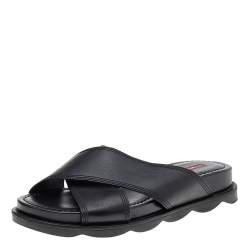 Pre Owned Prada Sport Black Leather Criss Cross Flat Slides Size 38