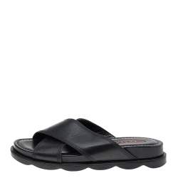Pre Owned Prada Sport Black Leather Criss Cross Flat Slides Size 38