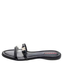 Pre Owned Prada Sport Black Patent Leather And PVC Open Toe Flat Slides Size 36.5 