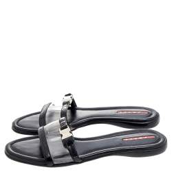 Pre Owned Prada Sport Black Patent Leather And PVC Open Toe Flat Slides Size 36.5 