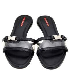 Pre Owned Prada Sport Black Patent Leather And PVC Open Toe Flat Slides Size 36.5 