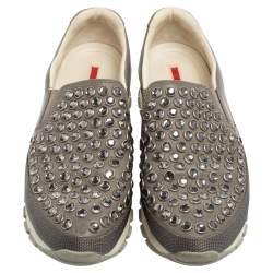 Pre Owned Prada Sport Grey Leather  And Canvas Slip On Sneakers Size 37.5