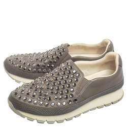 Pre Owned Prada Sport Grey Leather  And Canvas Slip On Sneakers Size 37.5