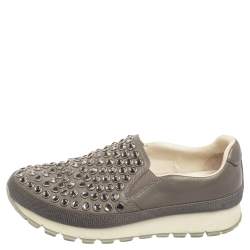 Pre Owned Prada Sport Grey Leather  And Canvas Slip On Sneakers Size 37.5