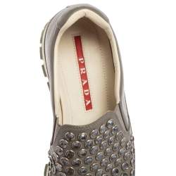 Pre Owned Prada Sport Grey Leather  And Canvas Slip On Sneakers Size 37.5