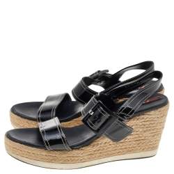 Pre Owned Prada Sport Black Leather Strappy Cork Wedge Platform Sandals Size 38.5