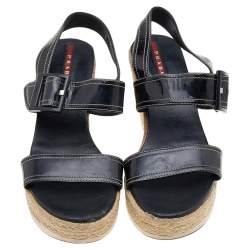 Pre Owned Prada Sport Black Leather Strappy Cork Wedge Platform Sandals Size 38.5