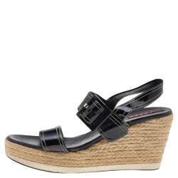 Pre Owned Prada Sport Black Leather Strappy Cork Wedge Platform Sandals Size 38.5