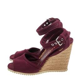 Prada Sport Burgundy Canvas Ankle Strap Wedge Sandals Size 36