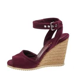 Prada Sport Burgundy Canvas Ankle Strap Wedge Sandals Size 36