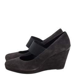 Pre Owned Prada Sport Grey Suede Mary Jane Wedge Pumps Size 39