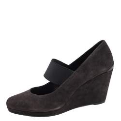 Pre Owned Prada Sport Grey Suede Mary Jane Wedge Pumps Size 39