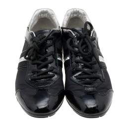 Pre Owned Prada Sport Black/Silver Nylon And Patent Leather Low Top Sneakers Size 39