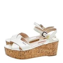 Pre Owned Prada Cream Patent Leather Cork Wedge Platform Sandals Size 36